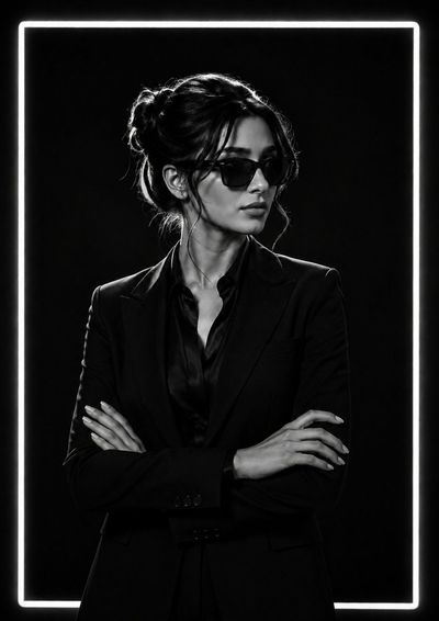 Elegant woman in black bun poses with confident gaze