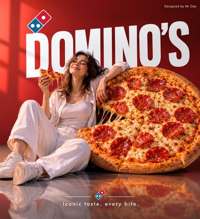 Woman in white leans against giant Domino's pizza