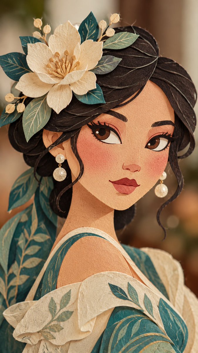 Layered paper collage portrait of vintage woman with botanical accents