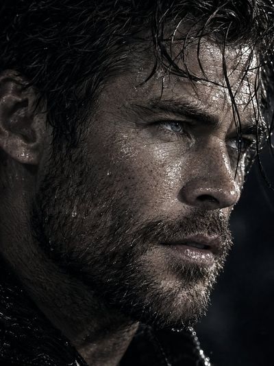 Hyper-realistic male portrait with wet skin and sharp highlights