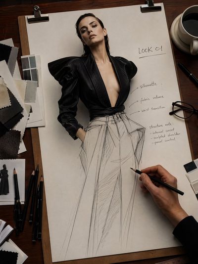 A Fashion Model Emerges from a Pencil Sketch on a Designer Desk