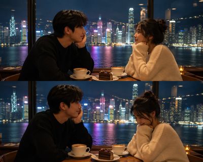 East Asian couple shares a quiet moment in a cozy evening café