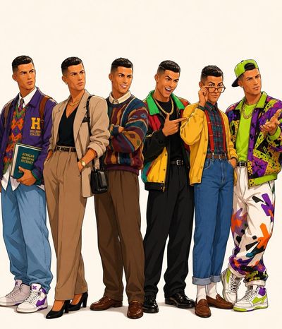 Six versions of one person showcase iconic 1990s fashion trends