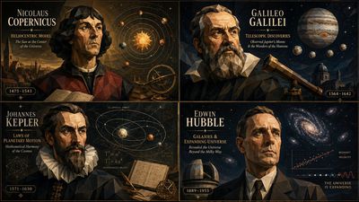 Four famous astronomers pose in a low-poly geometric grid