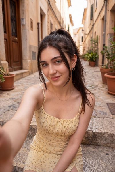 A young woman takes a selfie on sunlit stone steps in a historic alley