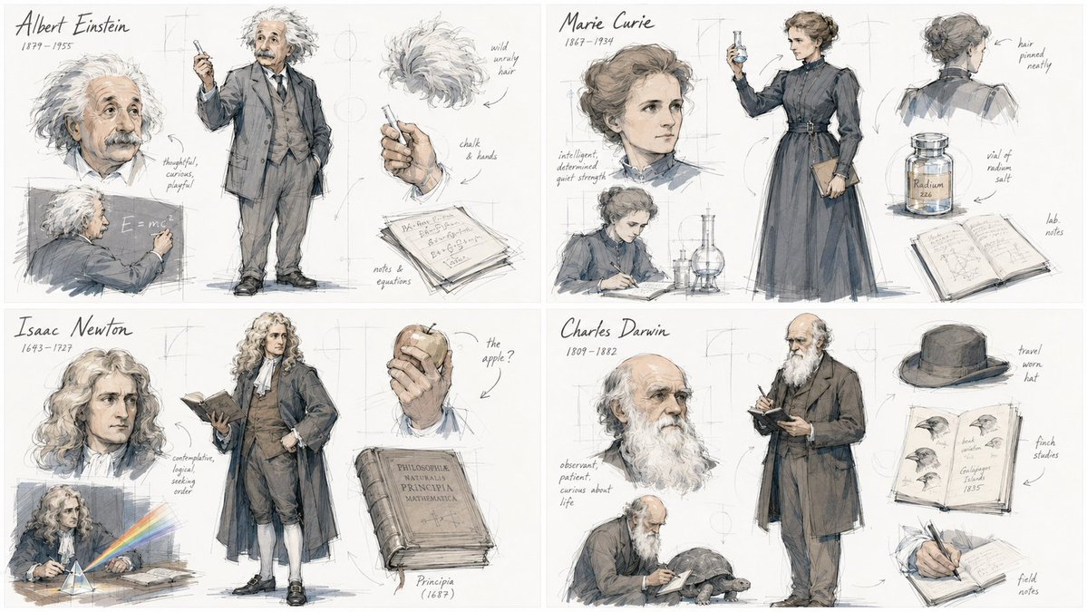Four scientists rendered in a sketched 2x2 grid composition
