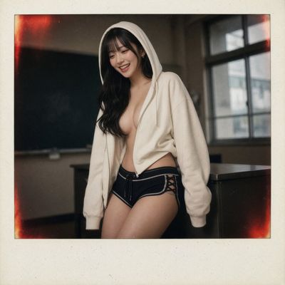 A joyful woman in a hoodie leans by a sunlit classroom window