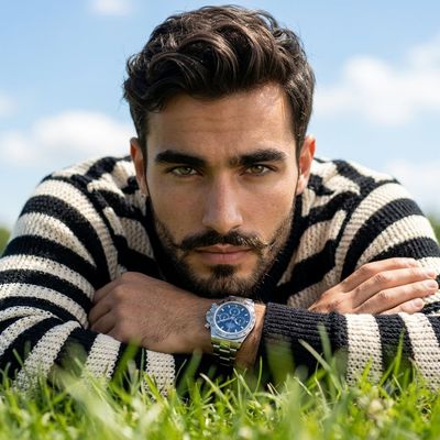 Rugged model with hazel eyes relaxes in summer grass under blue sky