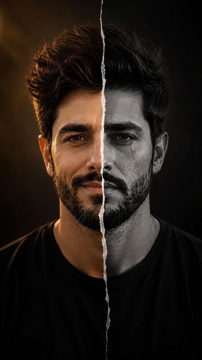 Split-face portrait reveals contrasting emotions of confidence and sorrow