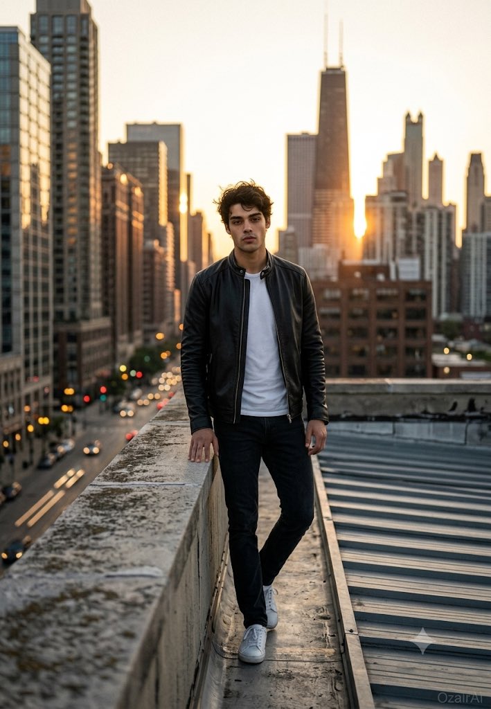 A calm man in a leather jacket stands on a rooftop at sunset