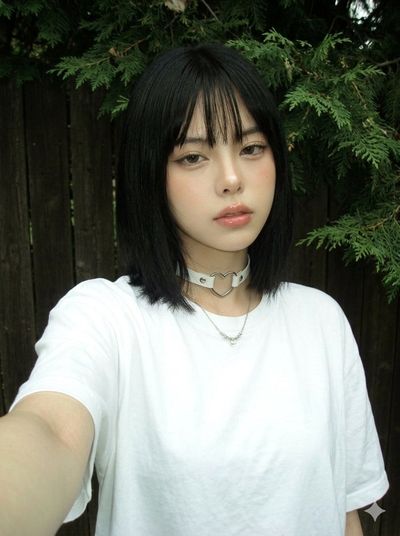Young woman with black bob takes selfie in early 2000s style