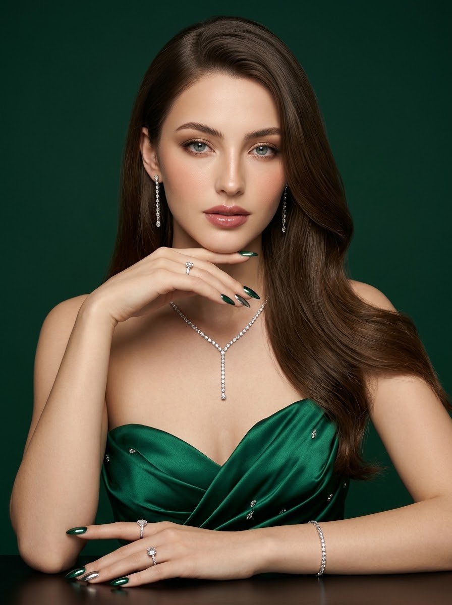 Elegant Woman in Emerald Satin Gown Poses with Diamond Jewelry