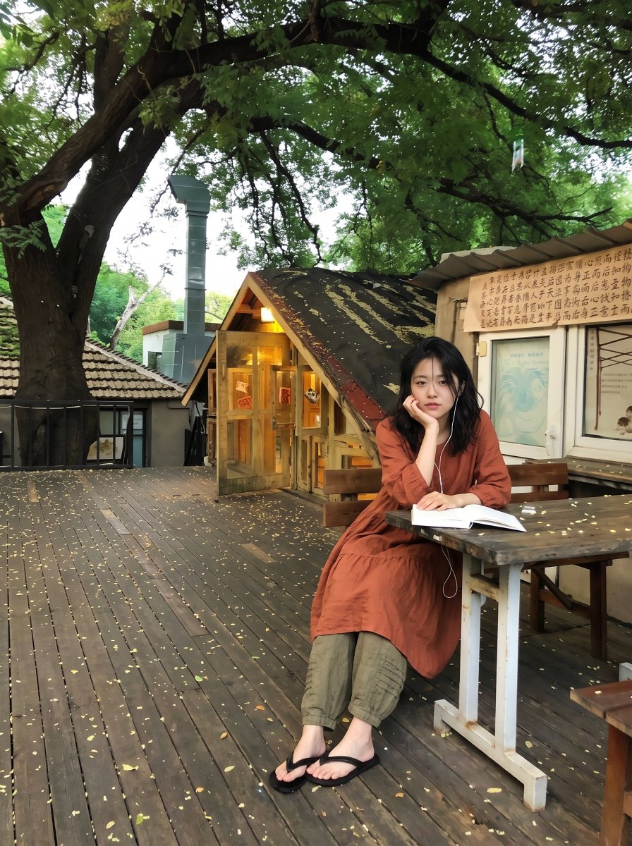 Young Woman Reads Open Book on Wooden Bench Outdoors