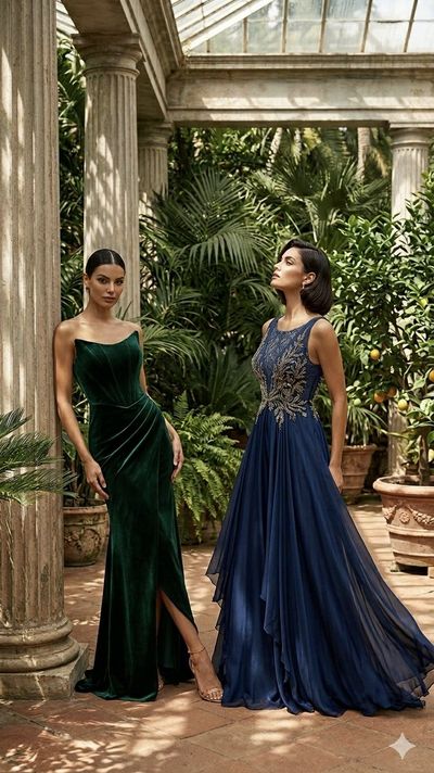 Two elegant women in gowns pose inside a sunlit greenhouse.