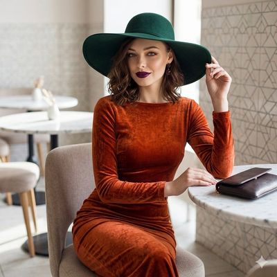 Autumn velvet dresses and hats shine in Parisian cafe settings.