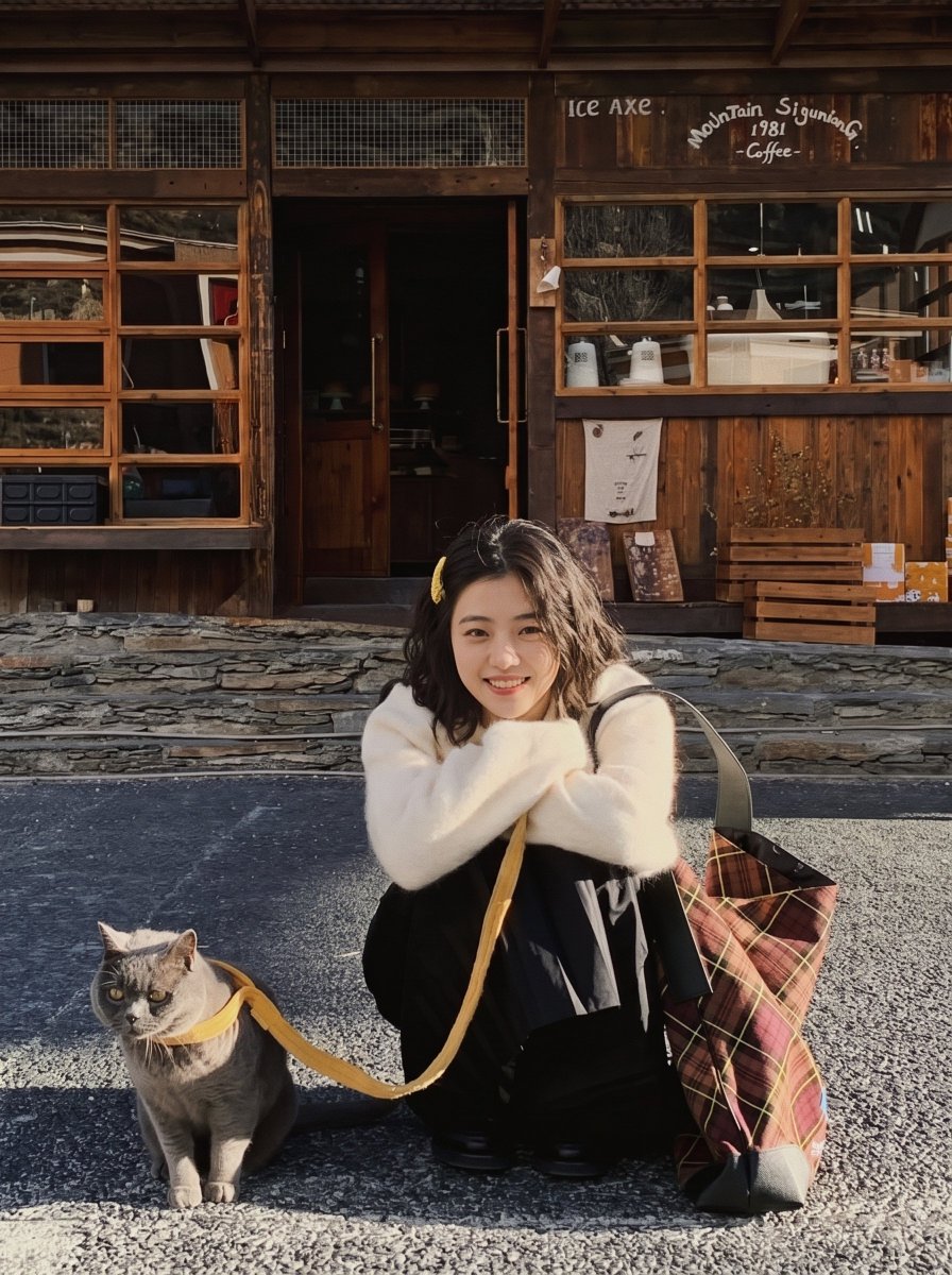 Young Woman Crouches With Gray Cat Outside Mountain Coffee Cabin