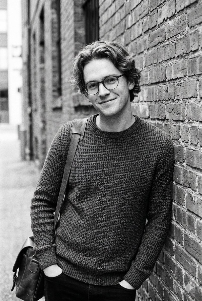 Young man with glasses smiles warmly in a brick alley