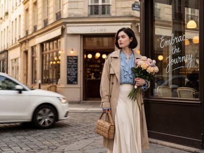A fashionable woman in a beige trench coat gazes across a cozy European street