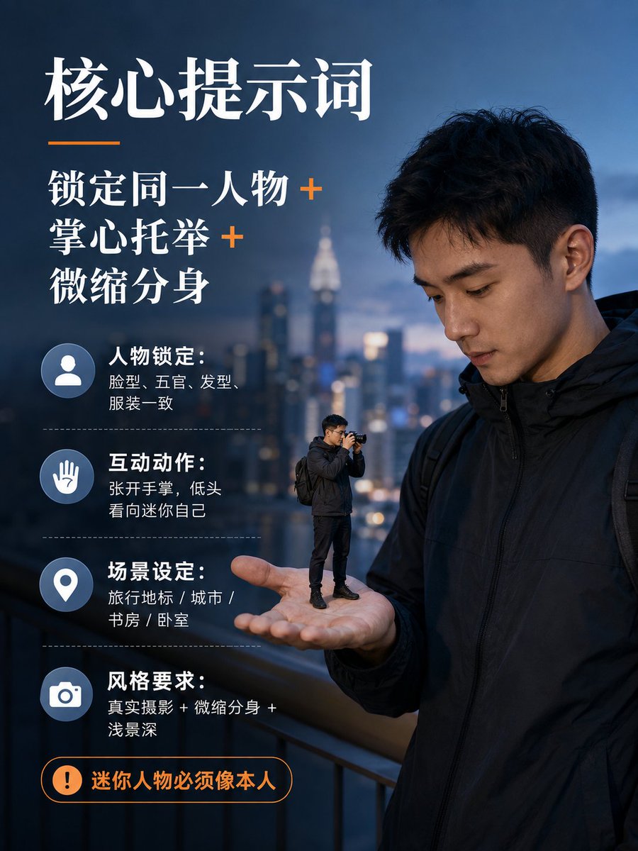 A miniature version of yourself stands in your open palm