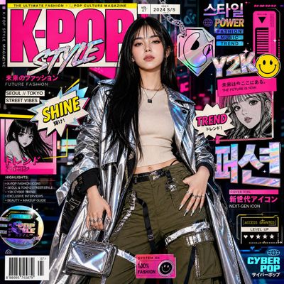 K-pop star poses in futuristic streetwear on vibrant magazine cover