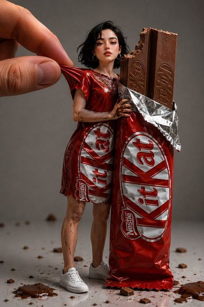 Girl in a KitKat wrapper dress hugs a giant chocolate bar