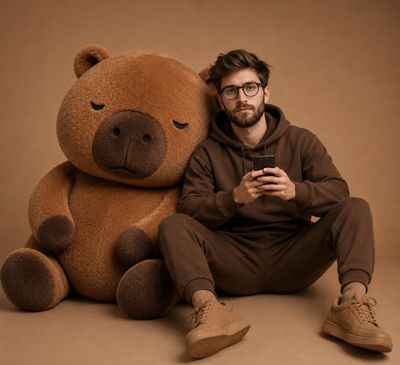Young man in brown hoodie sits with giant teddy bear on floor