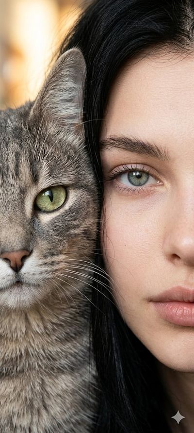 Human and cat faces merge in an intimate close-up portrait.