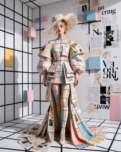 A model in pastel patchwork couture poses among floating cubes
