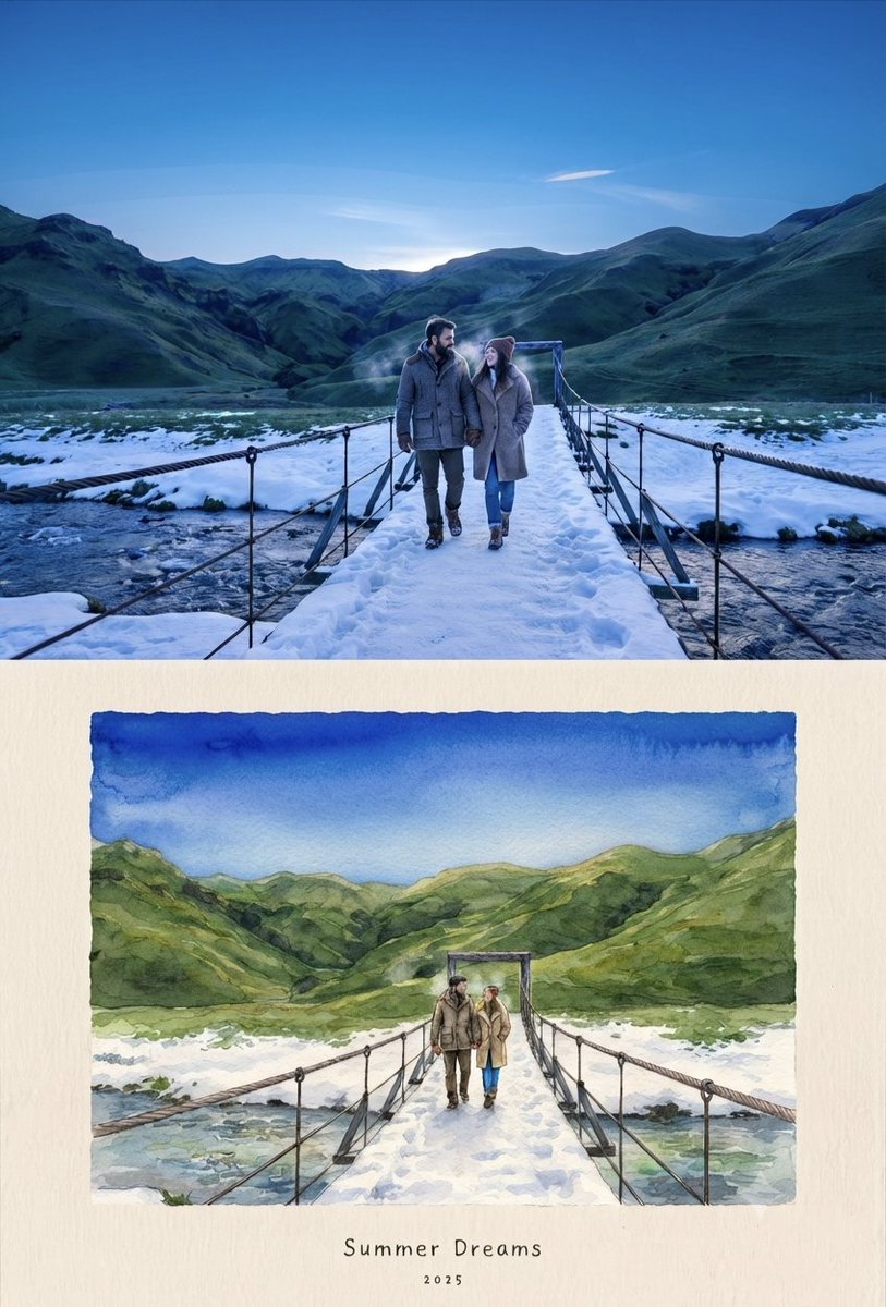 Split Canvas Reveals Couple's Journey Through Hills and River