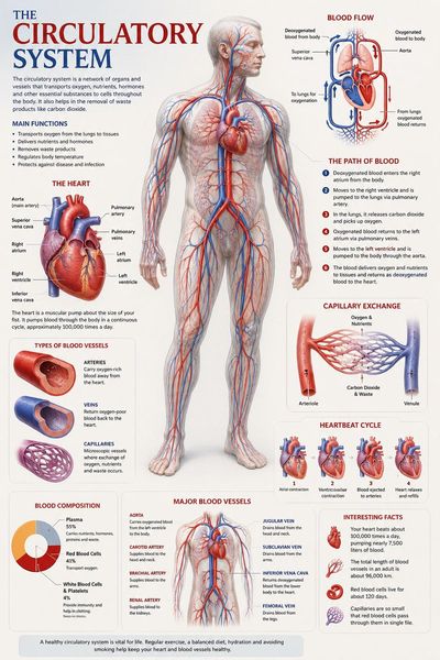 Detailed human circulatory system poster with glowing arteries