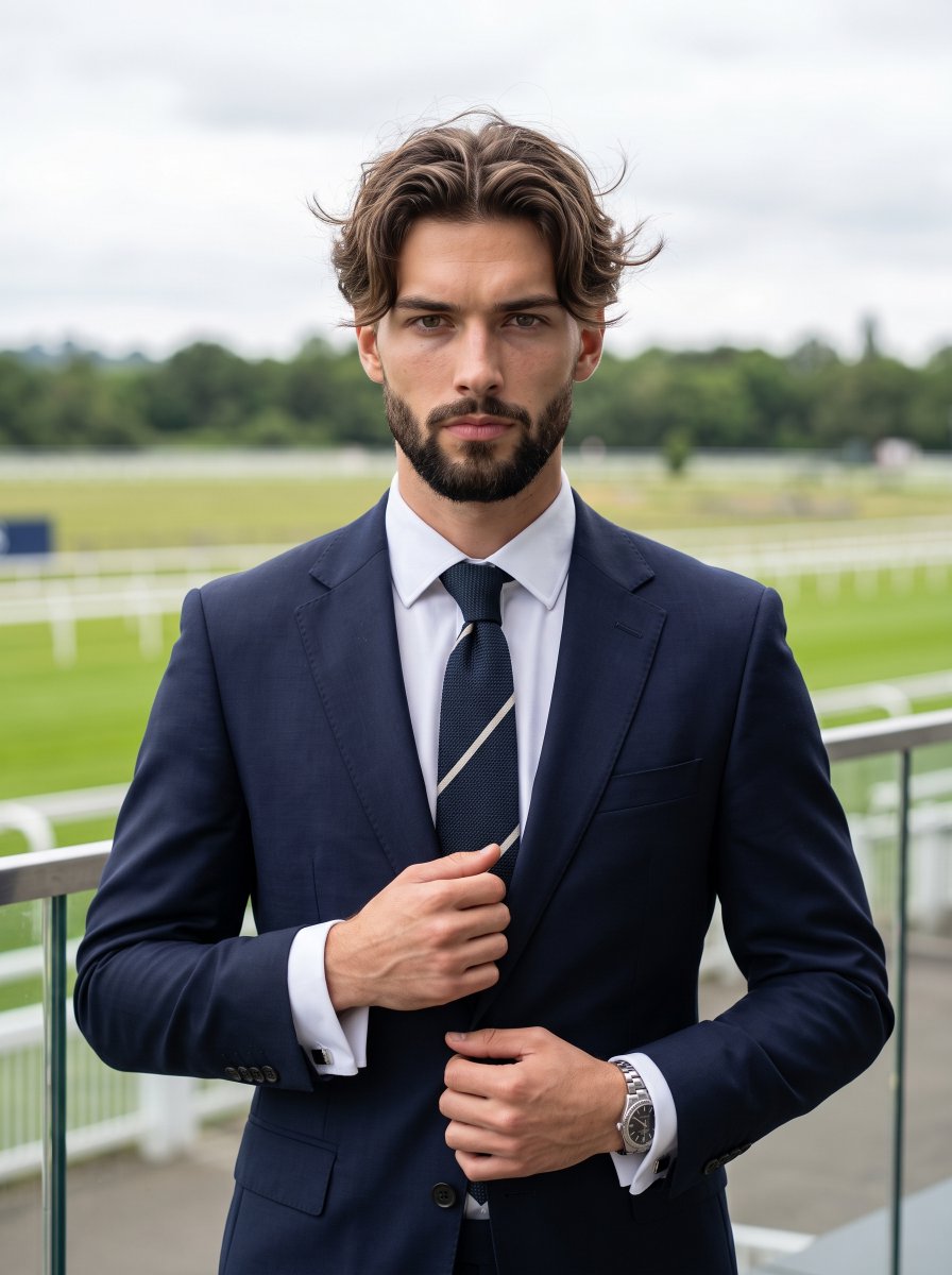 Young man in navy suit stands on racecourse balcony under overcast sky