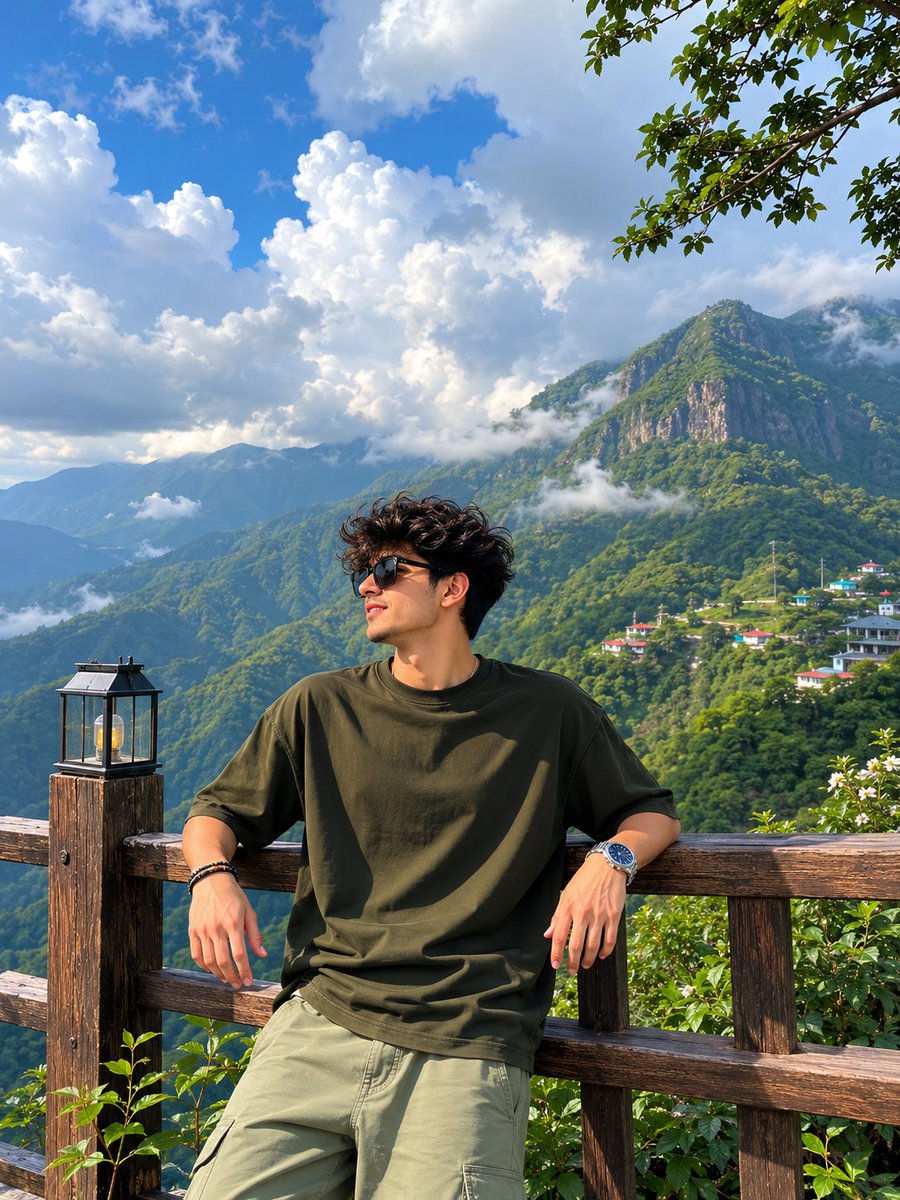 Young woman leans on railing overlooking emerald valleys under golden sun rays