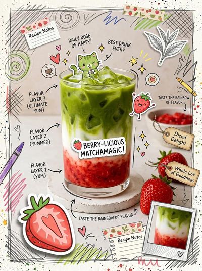 Vibrant matcha latte flatlay with strawberry swirls and doodle stickers