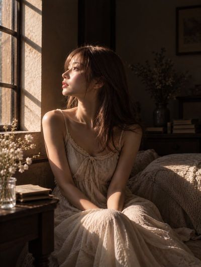 Woman in Lace Dress Basking in Golden Window Light