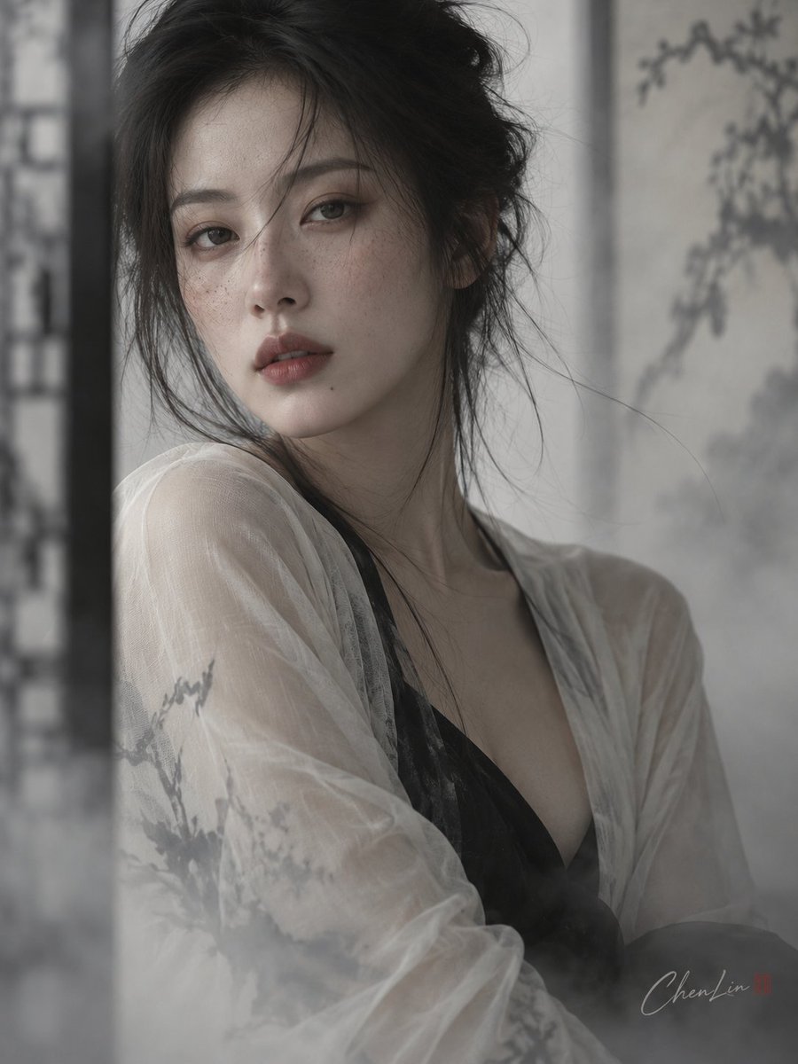 Close-up portrait of an Eastern beauty with a wide inverted triangle silhouette