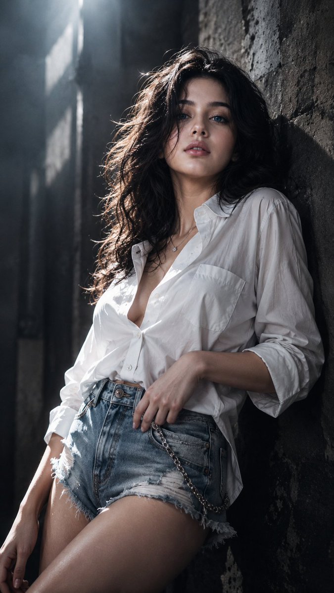 A woman reclines against a dark wall in cinematic light