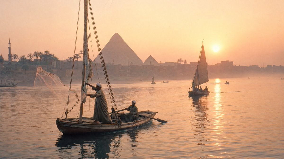 Fishermen cast nets on the Nile at dawn in Cairo 1970.