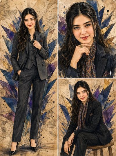 Elegant woman in pinstripe suit with golden geometric bursts on map.