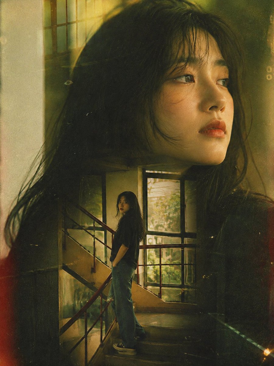 Woman's side profile with full-body double exposure on stairwell