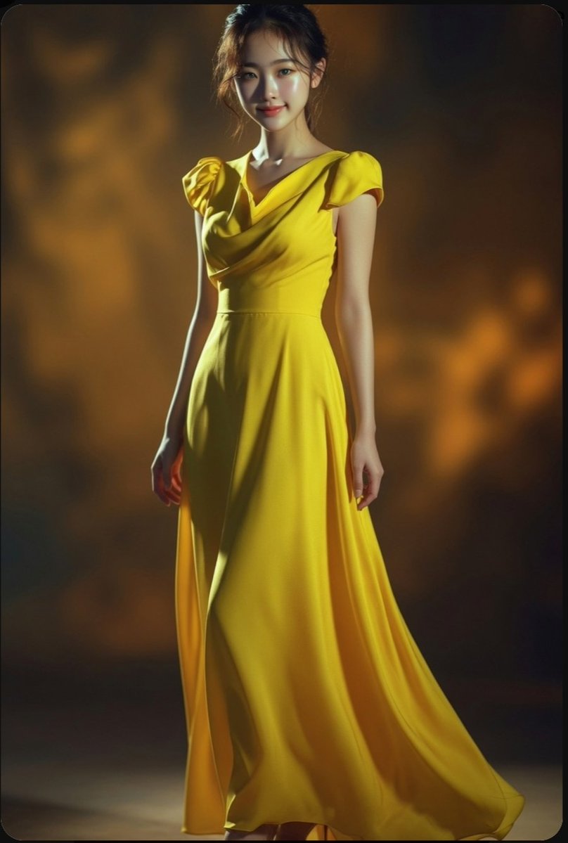 A radiant woman in vibrant yellow dress poses elegantly under warm lights