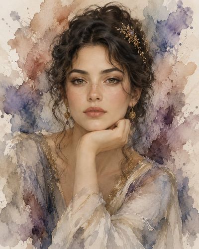 Young woman rests chin on hand in watercolor portrait