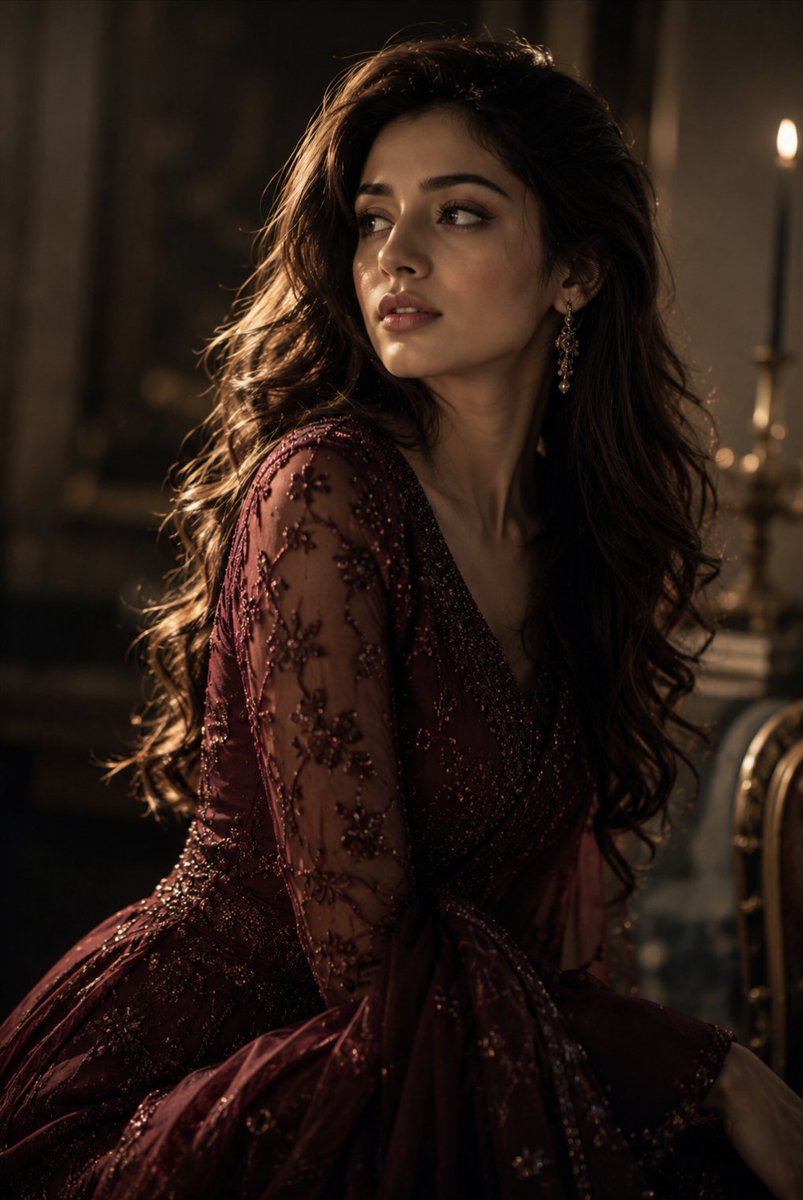 Candlelight Portrait of Woman in Embroidered Burgundy Gown