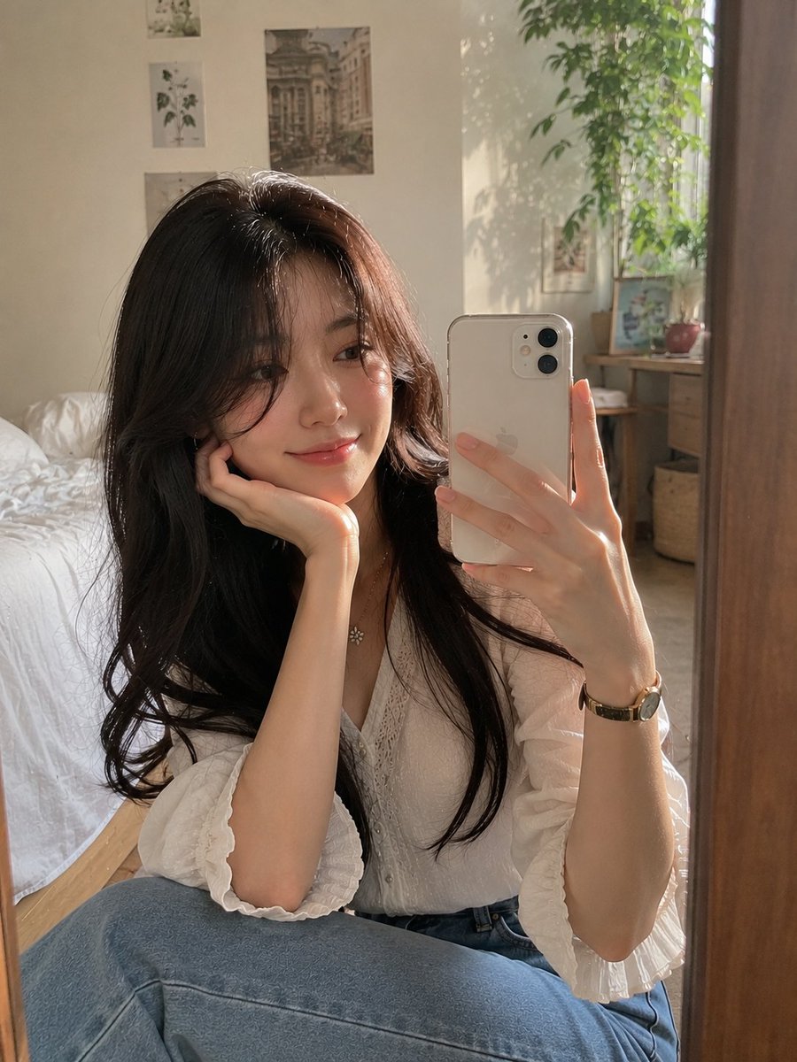 Young woman holds smartphone in sunlit bedroom with vintage decor