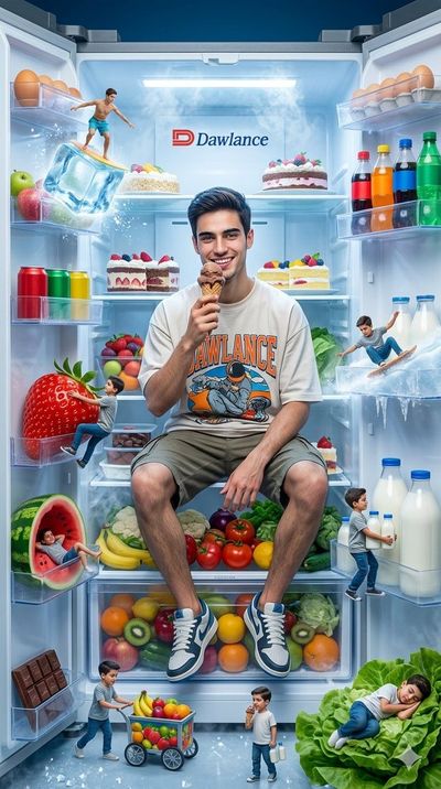A stylish boy sits in a frosty fridge surrounded by tiny explorers.