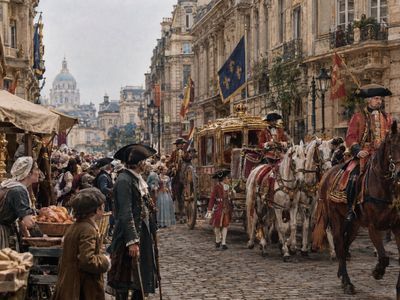 Royal carriage passes through crowded 1765 European street with onlookers