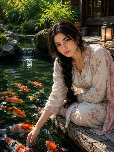 Portrait of a girl touching koi fish in a serene garden