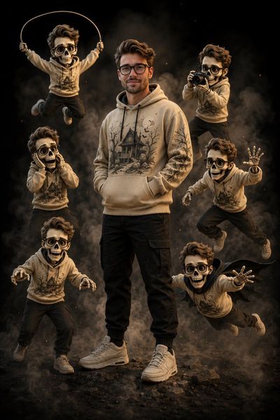 Young man in beige hoodie surrounded by playful skeleton clones
