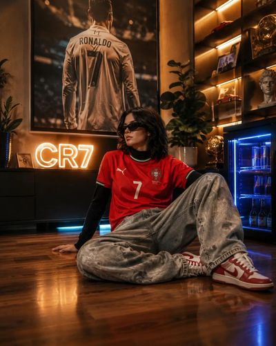 A young woman in Portugal jersey sits casually in a neon-lit fan cave.