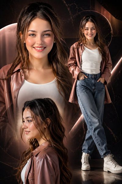 A woman in brown jacket and white boots poses in three shots.