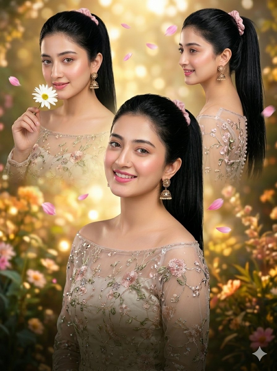 Young girl with high ponytail holds daisy in fantasy garden